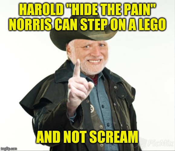 Two Iconic Figures Combine Their Superpowers | HAROLD "HIDE THE PAIN" NORRIS CAN STEP ON A LEGO; AND NOT SCREAM | image tagged in memes,hide the pain harold,chuck norris finger,problems stress pain x,stepping on a lego,death bed | made w/ Imgflip meme maker