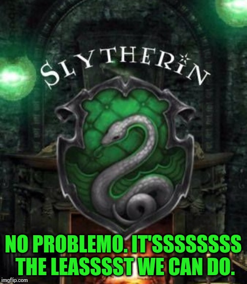 Slytherin fire | NO PROBLEMO. IT'SSSSSSSS THE LEASSSST WE CAN DO. | image tagged in slytherin fire | made w/ Imgflip meme maker