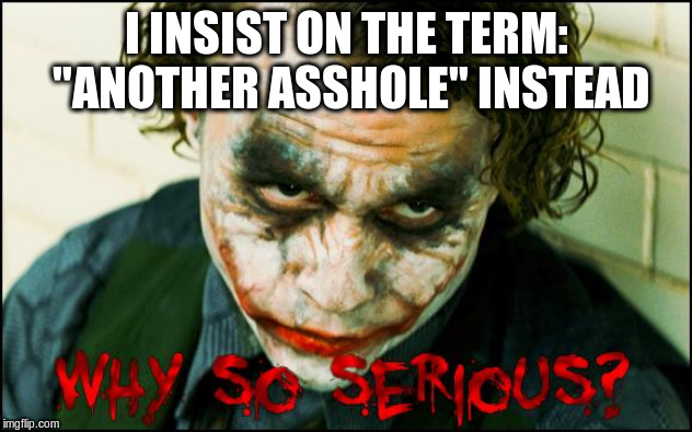 why so serious? | I INSIST ON THE TERM: "ANOTHER ASSHOLE" INSTEAD | image tagged in why so serious | made w/ Imgflip meme maker