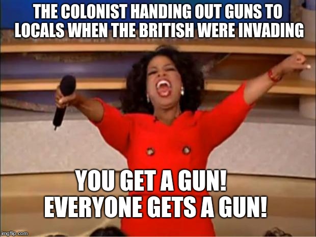Oprah You Get A Meme | THE COLONIST HANDING OUT GUNS TO LOCALS WHEN THE BRITISH WERE INVADING; YOU GET A GUN!
 EVERYONE GETS A GUN! | image tagged in memes,oprah you get a | made w/ Imgflip meme maker