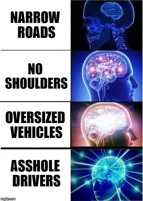Washington State Driving | NARROW ROADS; NO SHOULDERS; OVERSIZED VEHICLES; ASSHOLE DRIVERS | image tagged in memes,expanding brain,people suck,driving,road rage,washington state | made w/ Imgflip meme maker