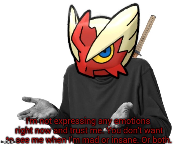 I guess I'll (Blaze the Blaziken) | I'm not expressing any emotions right now and trust me. You don't want to see me when I'm mad or insane. Or both. | image tagged in i guess i'll blaze the blaziken | made w/ Imgflip meme maker