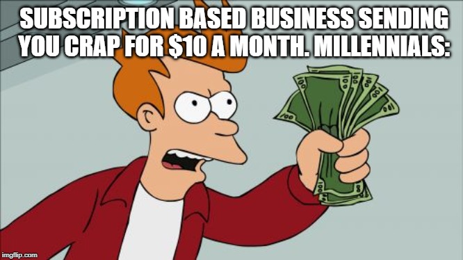 Shut Up And Take My Money Fry | SUBSCRIPTION BASED BUSINESS SENDING YOU CRAP FOR $10 A MONTH. MILLENNIALS: | image tagged in memes,shut up and take my money fry | made w/ Imgflip meme maker