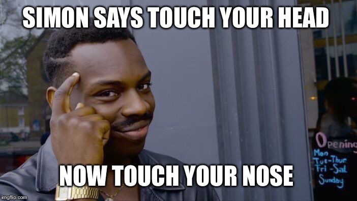 Roll Safe Think About It | SIMON SAYS TOUCH YOUR HEAD; NOW TOUCH YOUR NOSE | image tagged in memes,roll safe think about it | made w/ Imgflip meme maker