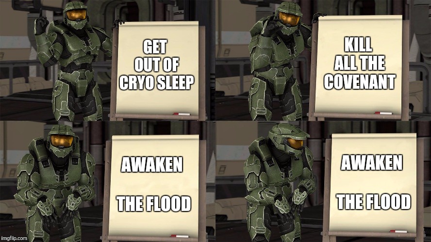 Master Chief's Plan-(Despicable Me Halo) | KILL ALL THE COVENANT; GET OUT OF CRYO SLEEP; AWAKEN THE FLOOD; AWAKEN THE FLOOD | image tagged in master chief's plan-despicable me halo | made w/ Imgflip meme maker