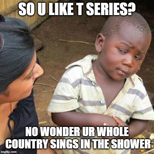 Third World Skeptical Kid Meme | SO U LIKE T SERIES? NO WONDER UR WHOLE COUNTRY SINGS IN THE SHOWER | image tagged in memes,third world skeptical kid | made w/ Imgflip meme maker