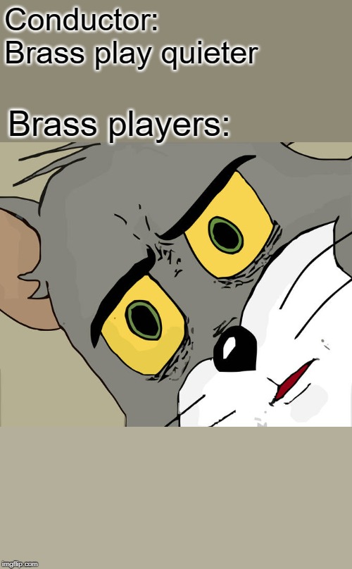 Unsettled Tom | Conductor: Brass play quieter; Brass players: | image tagged in memes,unsettled tom | made w/ Imgflip meme maker