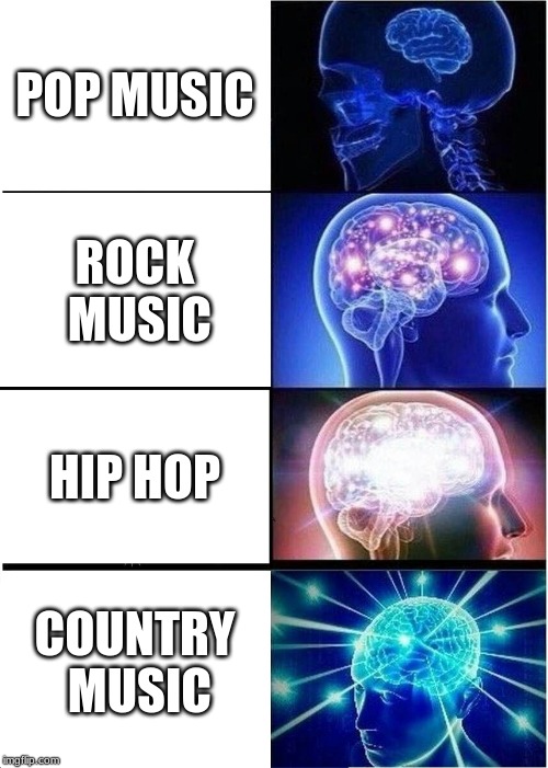Expanding Brain Meme | POP MUSIC; ROCK MUSIC; HIP HOP; COUNTRY MUSIC | image tagged in memes,expanding brain | made w/ Imgflip meme maker