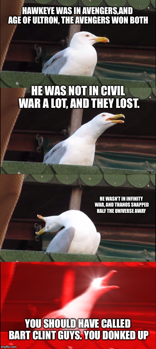 Inhaling Seagull Meme | HAWKEYE WAS IN AVENGERS,AND AGE OF ULTRON, THE AVENGERS WON BOTH; HE WAS NOT IN CIVIL WAR A LOT, AND THEY LOST. HE WASN’T IN INFINITY WAR, AND THANOS SNAPPED HALF THE UNIVERSE AWAY; YOU SHOULD HAVE CALLED BART CLINT GUYS. YOU DONKED UP | image tagged in memes,inhaling seagull | made w/ Imgflip meme maker
