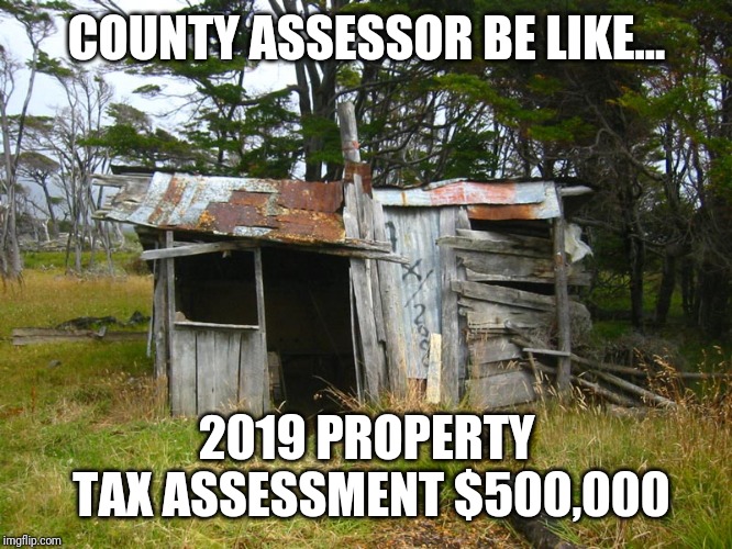 Property taxes suck... | COUNTY ASSESSOR BE LIKE... 2019 PROPERTY TAX ASSESSMENT
$500,000 | image tagged in shack,taxes,taxation is theft,funny | made w/ Imgflip meme maker