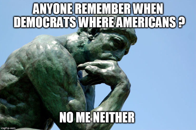 Thinker | ANYONE REMEMBER WHEN DEMOCRATS WHERE AMERICANS ? NO ME NEITHER | image tagged in thinker | made w/ Imgflip meme maker