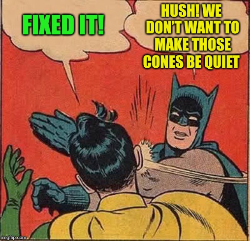 Batman Slapping Robin Meme | FIXED IT! HUSH! WE DON’T WANT TO MAKE THOSE CONES BE QUIET | image tagged in memes,batman slapping robin | made w/ Imgflip meme maker