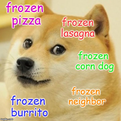 much ideas or choices ?  the groundhog fibbed. | frozen pizza; frozen lasagna; frozen corn dog; frozen neighbor; frozen burrito | image tagged in memes,doge,frozen,neighbors | made w/ Imgflip meme maker