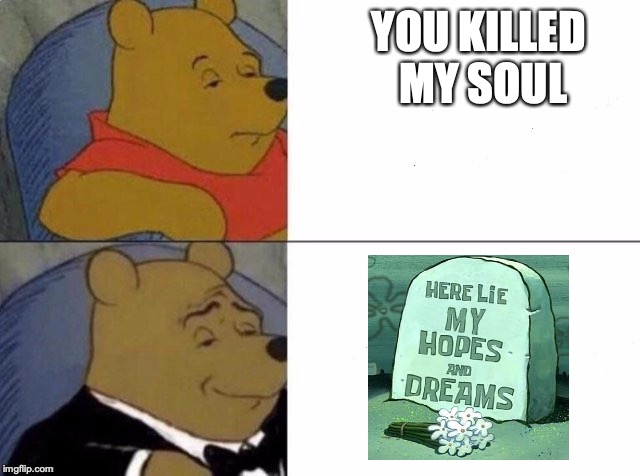 Tuxedo Winnie The Pooh | YOU KILLED MY SOUL | image tagged in tuxedo winnie the pooh | made w/ Imgflip meme maker