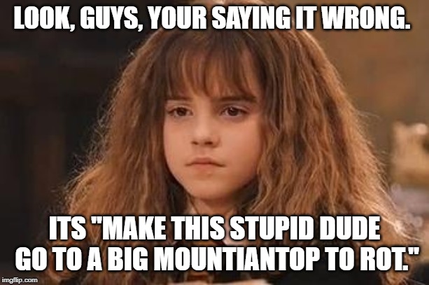 Harry Potter - Miss Granger is NOT amused | LOOK, GUYS, YOUR SAYING IT WRONG. ITS "MAKE THIS STUPID DUDE GO TO A BIG MOUNTIANTOP TO ROT." | image tagged in harry potter - miss granger is not amused | made w/ Imgflip meme maker