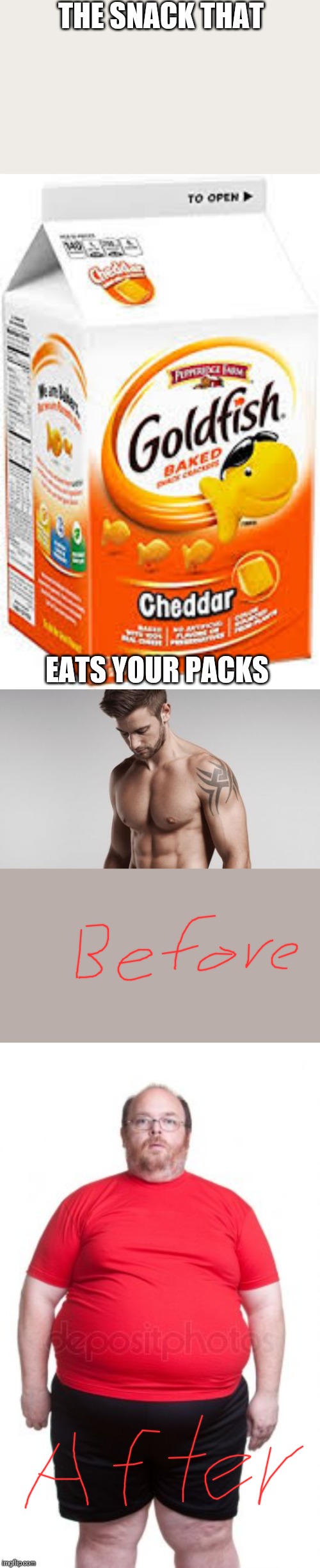 THE SNACK THAT; EATS YOUR PACKS | image tagged in goldfish crackers | made w/ Imgflip meme maker