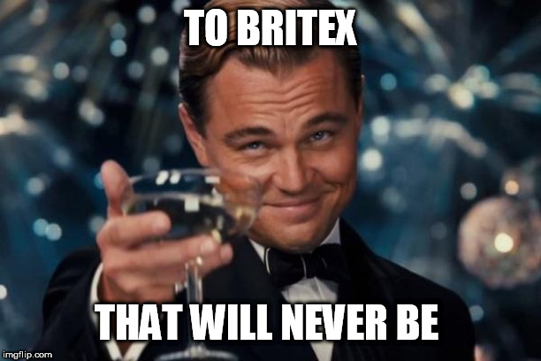 Leonardo Dicaprio Cheers Meme | TO BRITEX; THAT WILL NEVER BE | image tagged in memes,leonardo dicaprio cheers | made w/ Imgflip meme maker