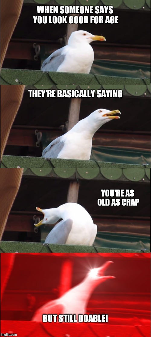 Backhanded compliment | WHEN SOMEONE SAYS YOU LOOK GOOD FOR AGE; THEY'RE BASICALLY SAYING; YOU'RE AS OLD AS CRAP; BUT STILL DOABLE! | image tagged in memes,inhaling seagull,funny compliment,you look good for your age | made w/ Imgflip meme maker