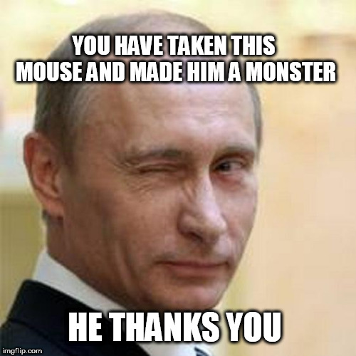 Putin Winking | YOU HAVE TAKEN THIS MOUSE AND MADE HIM A MONSTER; HE THANKS YOU | image tagged in putin winking | made w/ Imgflip meme maker