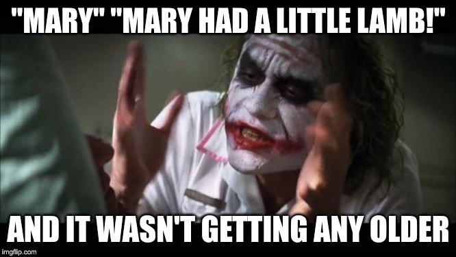 And everybody loses their minds | "MARY" "MARY HAD A LITTLE LAMB!"; AND IT WASN'T GETTING ANY OLDER | image tagged in memes,and everybody loses their minds | made w/ Imgflip meme maker