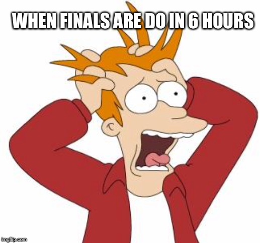 Fry Freaking Out | WHEN FINALS ARE DO IN 6 HOURS | image tagged in fry freaking out | made w/ Imgflip meme maker