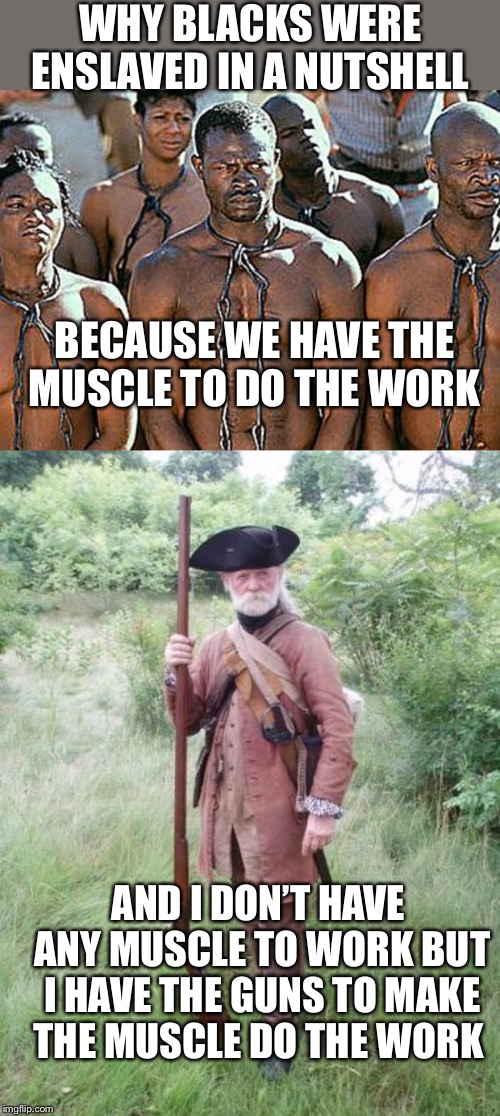 WHY BLACKS WERE ENSLAVED IN A NUTSHELL BECAUSE WE HAVE THE MUSCLE TO DO THE WORK AND I DON’T HAVE ANY MUSCLE TO WORK BUT I HAVE THE GUNS TO  | image tagged in slavery,musket | made w/ Imgflip meme maker