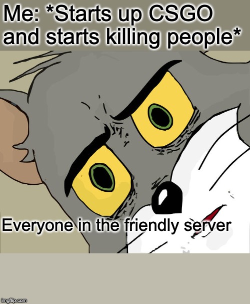 Unsettled Tom Meme | Me: *Starts up CSGO and starts killing people*; Everyone in the friendly server | image tagged in memes,unsettled tom | made w/ Imgflip meme maker