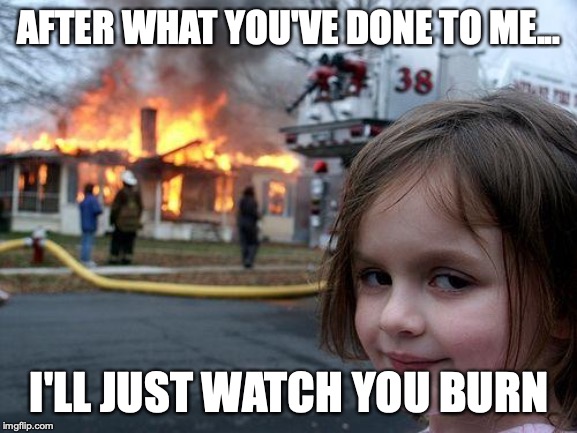 Disaster Girl | AFTER WHAT YOU'VE DONE TO ME... I'LL JUST WATCH YOU BURN | image tagged in memes,disaster girl | made w/ Imgflip meme maker