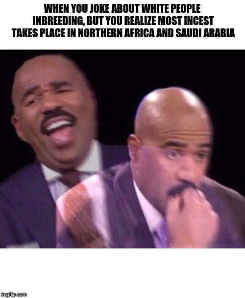 Steve Harvey Laughing Serious | WHEN YOU JOKE ABOUT WHITE PEOPLE INBREEDING, BUT YOU REALIZE MOST INCEST TAKES PLACE IN NORTHERN AFRICA AND SAUDI ARABIA | image tagged in steve harvey laughing serious | made w/ Imgflip meme maker