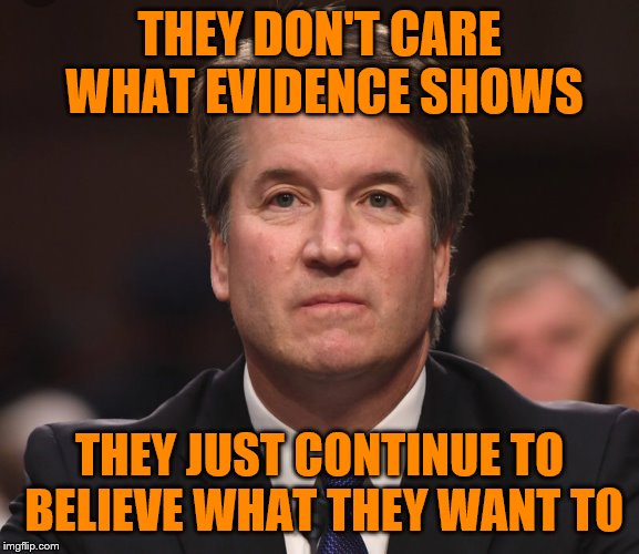 Brett Kavanaugh  | THEY DON'T CARE WHAT EVIDENCE SHOWS THEY JUST CONTINUE TO BELIEVE WHAT THEY WANT TO | image tagged in brett kavanaugh | made w/ Imgflip meme maker