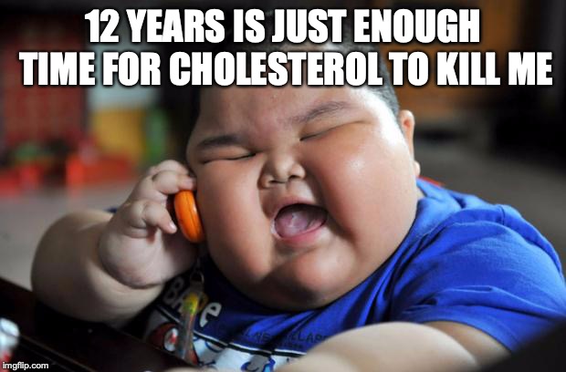 Fat Asian Kid | 12 YEARS IS JUST ENOUGH TIME FOR CHOLESTEROL TO KILL ME | image tagged in fat asian kid | made w/ Imgflip meme maker