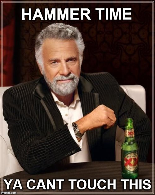 The Most Interesting Man In The World Meme | HAMMER TIME; YA CANT TOUCH THIS | image tagged in memes,the most interesting man in the world | made w/ Imgflip meme maker