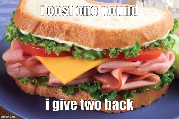 Sandwich | i cost one pound; i give two back | image tagged in sandwich | made w/ Imgflip meme maker