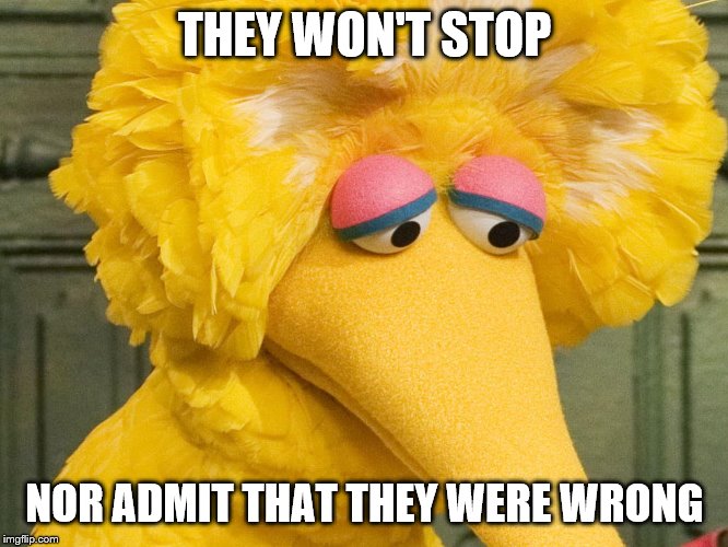Sad Big Bird | THEY WON'T STOP NOR ADMIT THAT THEY WERE WRONG | image tagged in sad big bird | made w/ Imgflip meme maker