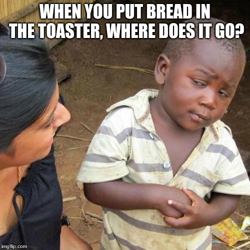 Third World Skeptical Kid | WHEN YOU PUT BREAD IN THE TOASTER, WHERE DOES IT GO? | image tagged in memes,third world skeptical kid | made w/ Imgflip meme maker