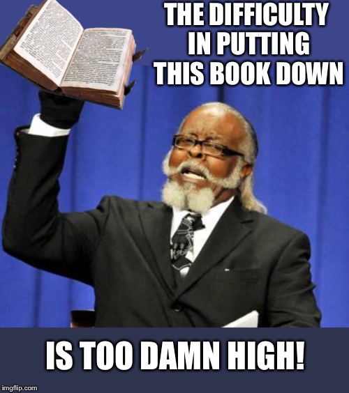 Too Damn High Meme | THE DIFFICULTY IN PUTTING THIS BOOK DOWN IS TOO DAMN HIGH! | image tagged in memes,too damn high | made w/ Imgflip meme maker