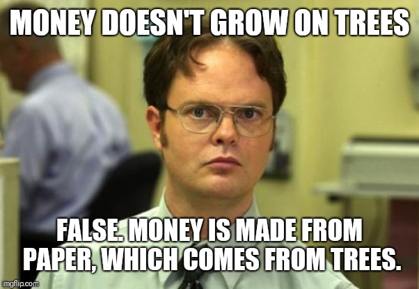 Money grows on trees | MONEY DOESN'T GROW ON TREES; FALSE. MONEY IS MADE FROM PAPER, WHICH COMES FROM TREES. | image tagged in memes,dwight schrute | made w/ Imgflip meme maker