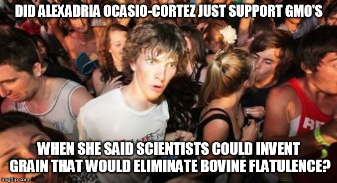 Genetically modified is bad, mm kay? | DID ALEXADRIA OCASIO-CORTEZ JUST SUPPORT GMO'S; WHEN SHE SAID SCIENTISTS COULD INVENT GRAIN THAT WOULD ELIMINATE BOVINE FLATULENCE? | image tagged in memes,sudden clarity clarence | made w/ Imgflip meme maker