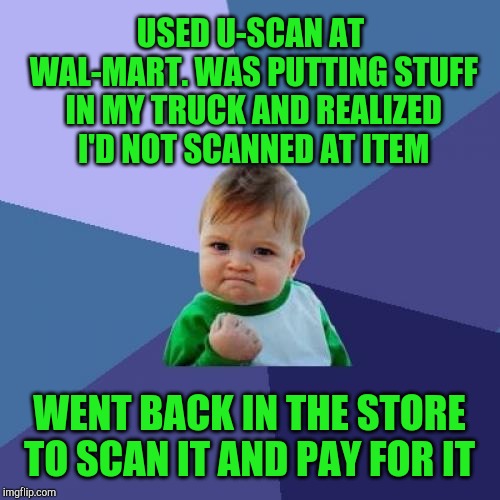 Feels good to be honest |  USED U-SCAN AT WAL-MART. WAS PUTTING STUFF IN MY TRUCK AND REALIZED I'D NOT SCANNED AT ITEM; WENT BACK IN THE STORE TO SCAN IT AND PAY FOR IT | image tagged in memes,success kid,jbmemegeek,honesty,doing the right things,integrity | made w/ Imgflip meme maker