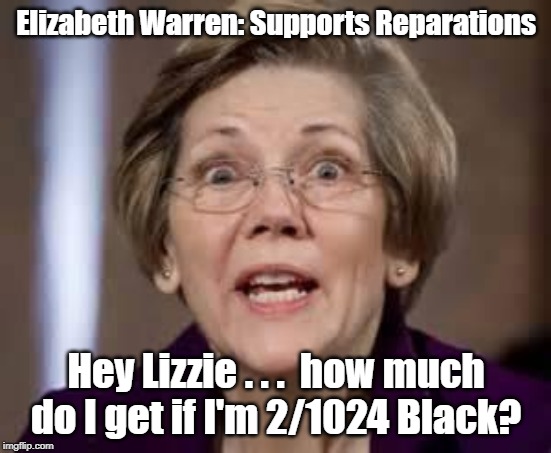 Dizzy Lizzy Warren supports reparations | Elizabeth Warren: Supports Reparations; Hey Lizzie . . .  how much do I get if I'm 2/1024 Black? | image tagged in reparations,elizabeth warren | made w/ Imgflip meme maker