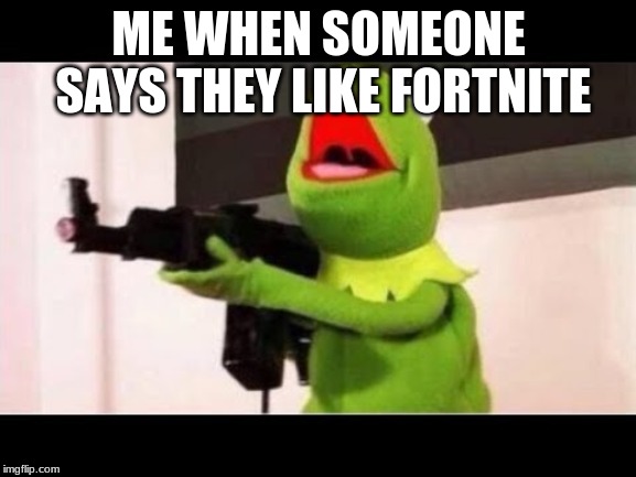 kermit ak47 | ME WHEN SOMEONE SAYS THEY LIKE FORTNITE | image tagged in kermit the frog,ak47 | made w/ Imgflip meme maker