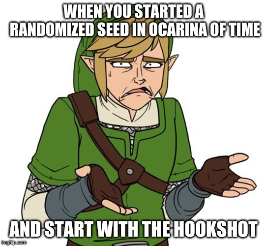 Confused Link Bigger Image | WHEN YOU STARTED A RANDOMIZED SEED IN OCARINA OF TIME; AND START WITH THE HOOKSHOT | image tagged in confused link bigger image | made w/ Imgflip meme maker