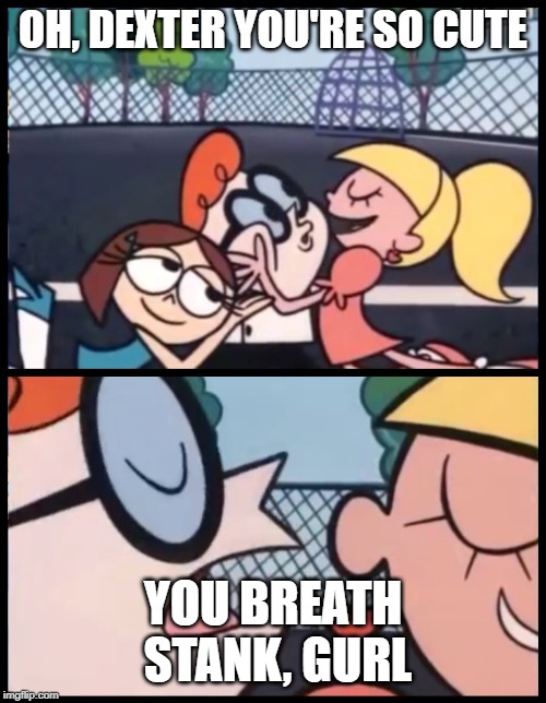Say it Again, Dexter Meme | OH, DEXTER YOU'RE SO CUTE; YOU BREATH STANK, GURL | image tagged in memes,say it again dexter | made w/ Imgflip meme maker