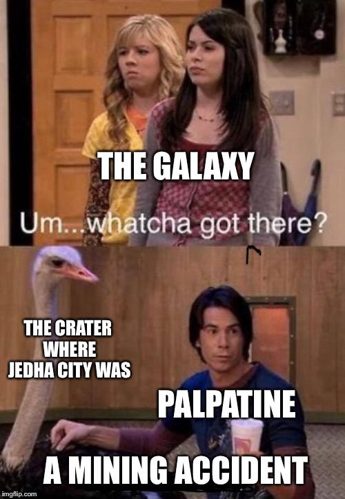 Spencer Smoothie | THE GALAXY; THE CRATER WHERE JEDHA CITY WAS; PALPATINE; A MINING ACCIDENT | image tagged in spencer smoothie,rouge one,palpatine,star wars,memes | made w/ Imgflip meme maker