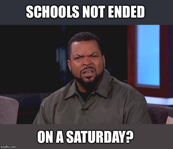 Really? Ice Cube | SCHOOLS NOT ENDED ON A SATURDAY? | image tagged in really ice cube | made w/ Imgflip meme maker