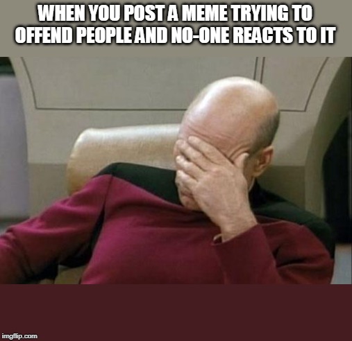 Captain Picard Facepalm Meme | WHEN YOU POST A MEME TRYING TO OFFEND PEOPLE AND NO-ONE REACTS TO IT | image tagged in memes,captain picard facepalm | made w/ Imgflip meme maker