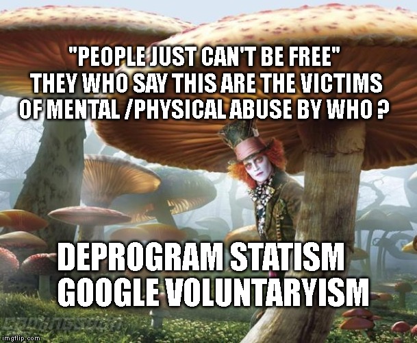 Alice in Wonderland | "PEOPLE JUST CAN'T BE FREE" THEY WHO SAY THIS ARE THE VICTIMS OF MENTAL /PHYSICAL ABUSE BY WHO ? DEPROGRAM STATISM     GOOGLE VOLUNTARYISM | image tagged in alice in wonderland | made w/ Imgflip meme maker