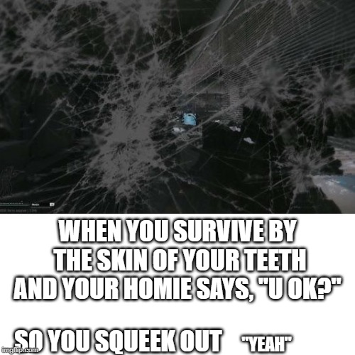 Escape From Tarkov Visor | WHEN YOU SURVIVE BY THE SKIN OF YOUR TEETH AND YOUR HOMIE SAYS, "U OK?"; SO YOU SQUEEK OUT; "YEAH" | image tagged in escape from tarkov,pc gaming,visor,pvp,dead,shooter | made w/ Imgflip meme maker
