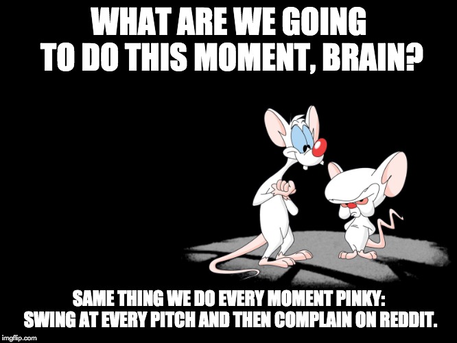Pinky And The Brain | WHAT ARE WE GOING TO DO THIS MOMENT, BRAIN? SAME THING WE DO EVERY MOMENT PINKY: SWING AT EVERY PITCH AND THEN COMPLAIN ON REDDIT. | image tagged in pinky and the brain,MLBTheShow | made w/ Imgflip meme maker