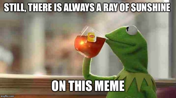 Kermit sipping tea | STILL, THERE IS ALWAYS A RAY OF SUNSHINE ON THIS MEME | image tagged in kermit sipping tea | made w/ Imgflip meme maker